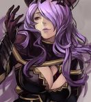  1girl armor black_armor breasts camilla_(fire_emblem_if) cape capelet cleavage fire_emblem fire_emblem_if gauntlets grey_background hair_over_one_eye hankuri large_breasts lavender_hair lips long_hair parted_lips purple_hair solo tiara vambraces violet_eyes wavy_hair 