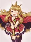  1girl blonde_hair bracelet bracer cagliostro_(granblue_fantasy) cape crown granblue_fantasy hairband highres jewelry long_hair looking_at_viewer nekoi_mie one_eye_closed open_mouth skirt solo thigh-highs 