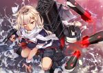  1girl black_ribbon black_serafuku black_skirt blonde_hair commentary_request from_above glowing glowing_eye hair_flaps hair_ornament hair_ribbon hairclip hidebuu kantai_collection kneeling long_hair looking_at_viewer looking_up machinery neckerchief pleated_skirt red_eyes remodel_(kantai_collection) ribbon scarf school_uniform serafuku skirt smile solo standing standing_on_liquid straight_hair torpedo turret water white_scarf yuudachi_(kantai_collection) 