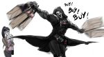  1boy 1girl bag breasts casual cleavage fabulous hood hooded_jacket jacket mask medium_breasts motion_blur overwatch parody reaper_(overwatch) shopping_bag spinning sunglasses sunglasses_on_head tio-trile widowmaker_(overwatch) 