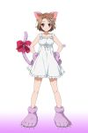  1girl accel_world animal_ears bow brown_eyes brown_hair cat_ears cat_tail collar dress full_body gloves hair_ornament hands_on_hips highres kurashima_chiyuri looking_at_viewer official_art paw_gloves paw_shoes paws purple_gloves red_bow shoes short_hair sleeveless sleeveless_dress smile solo tail tail_bow white_dress 