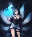  1girl absurdres ahri animal_ears bare_shoulders black_hair blue_eyes breasts cleavage collarbone detached_sleeves facial_mark fox_ears fox_tail glowing glowing_eyes hair_ornament highres korean_clothes large_breasts league_of_legends lips long_hair multiple_tails nail_polish slit_pupils solo tail whisker_markings 
