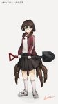  1girl artist_name brown_eyes brown_hair brown_skirt glasses gym_uniform hair_over_shoulder highres holding insect_girl jacket lansane long_hair long_sleeves looking_at_viewer low_twintails original personification pleated_skirt shadow shirt shoes shovel skirt smile sneakers socks solo spider spider_girl spider_legs track_jacket translation_request twintails uniform white_background white_shirt worktool 