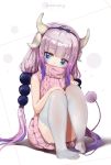  1girl aran_sweater artist_name bangs beads blue_eyes blue_ribbon blush covered_mouth dragon_girl dragon_horns dress eyebrows_visible_through_hair full_body gradient_hair hair_beads hair_ornament hair_ribbon halterneck hands_on_own_knees highres horns kanna_kamui knees_up kobayashi-san_chi_no_maidragon lavender_hair long_hair looking_at_viewer multicolored_hair pink_sweater purple_hair ribbed_sweater ribbon sitting solo sweater sweater_dress tail thigh-highs turtleneck turtleneck_sweater twintails very_long_hair virgin_killer_sweater white_background white_legwear xiamu_weiba 