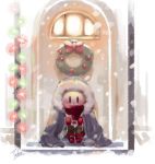  1boy artist_name blush bow child christmas_lights coat covered_mouth doorway gloves male_focus monster_boy oversized_clothes papyrus_(undertale) red_gloves red_scarf scarf sitting skeleton snow solo tbhoudai undertale winter_clothes winter_coat wreath younger |_| 