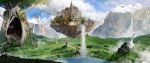 akky_(akimi1127) basin blue_sky castle clouds cloudy_sky day fantasy floating_island giant_tree grass highres light_rays no_humans original overgrown scenery sky sunbeam sunlight water waterfall 