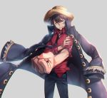  1boy aneunyeoja asymmetrical_clothes black_necktie brown_eyes brown_hair clenched_hand closed_mouth clothes_on_shoulders collared_shirt cowboy_shot foreshortening formal grey_background hand_on_own_arm hat high_collar long_sleeves looking_at_viewer male_focus monkey_d_luffy necktie one_piece outstretched_arm pirate red_shirt scar shirt short_hair simple_background straw_hat suit torn_clothes torn_shirt trench_coat wide_sleeves wing_collar 