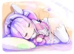  1girl awa_(rosemarygarden) closed_eyes dress horns kanna_kamui kobayashi-san_chi_no_maidragon long_hair lying on_side pillow pink_dress pink_hair ribbon short_dress sleeping solo tail thigh-highs thighs twintails white_legwear zettai_ryouiki 