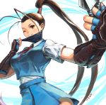  1girl ;d antenna_hair between_fingers black_hair blue blue_gloves blue_skirt breasts brown_eyes e.de.n elbow_gloves face_mask fingerless_gloves foreshortening gloves grin high_ponytail highres ibuki_(street_fighter) kunai long_hair mask mask_pull medium_breasts one_eye_closed open_mouth outstretched_arm pleated_skirt school_uniform shirt short_sleeves skirt smile solo street_fighter street_fighter_v taut_clothes taut_shirt vambraces very_long_hair weapon 