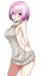 1girl aran_sweater arched_back arm_behind_back backless_outfit bangs bare_shoulders blush breasts cowboy_shot dress eyebrows_visible_through_hair fate/grand_order fate_(series) hair_between_eyes halterneck harimoji highres looking_at_viewer medium_breasts naked_sweater no_bra no_panties open-back_dress open_mouth purple_hair ribbed_sweater shielder_(fate/grand_order) short_hair sideboob simple_background smile solo sweater sweater_dress turtleneck turtleneck_sweater violet_eyes virgin_killer_sweater white_background