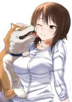  1girl bangs blouse blush breasts brown_eyes brown_hair cheek_licking closed_mouth collarbone dog eyebrows_visible_through_hair face_licking girls_und_panzer hair_between_eyes inu_(aerodog) large_breasts licking looking_at_another nishizumi_maho short_hair_with_long_locks signature simple_background solo twitter_username upper_body white_background white_blouse 