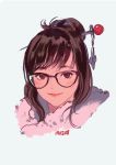  1girl bangs beads black-framed_eyewear brown_eyes brown_hair eyelashes face fur_trim glasses hair_bun hair_ornament hair_stick highres looking_at_viewer mei_(overwatch) overwatch parted_lips short_hair sidelocks simple_background smile snowflake_hair_ornament solo takssmask white_background 