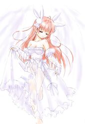  1girl bare_shoulders bridal_gauntlets bunny_hair_ornament closed_eyes dress fingerless_gloves gloves hair_ornament light_smile long_hair misha_(pita_ten) mizuna_(water_emp-tei) pink_hair pita_ten see-through solo wedding_dress white_dress white_gloves 