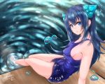  1girl 2016 arashiyama_kenji arm_at_side arm_support artist_name bangs bare_shoulders blue_eyes blue_hair blue_swimsuit breasts closed_mouth collarbone dated hair_between_eyes hair_ornament highres legs long_hair looking_at_viewer medium_breasts old_school_swimsuit one-piece_swimsuit original ripples school_swimsuit sideboob signature sitting sleeveless smile soaking_feet solo swimsuit wading water water_drop 