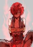  1boy 2017 aura bdsm bondage bound dated fate/grand_order fate_(series) full_body fuuma_kotarou_(fate/grand_order) grey_background hair_over_one_eye japanese_clothes looking_at_viewer red_eyes redhead shatou_(c-com) short_hair simple_background sitting sleeveless smile tied_up twitter_username 