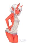  1girl :&lt; backless_outfit bare_shoulders blush breasts caleana cowboy_shot cropped_legs dress from_side hair_between_eyes hand_on_hip highres looking_at_viewer monster_girl naked_sweater oni oni_horns open-back_dress original pointy_ears red_oni red_skin ribbed_sweater short_hair silver_hair simple_background small_breasts solo sweater sweater_dress thighs turtleneck turtleneck_sweater virgin_killer_sweater watermark web_address white_background yellow_eyes 