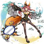  1girl animal_ears black_hat black_legwear breasts brown_eyes cleavage detached_sleeves fate/extra fate_(series) fox_ears fox_tail hat highres large_breasts long_hair looking_at_viewer mini_hat mini_top_hat mirror pink_hair redhead see-through solo tail tamamo_(fate)_(all) tamamo_no_mae_(fate) thigh-highs top_hat 
