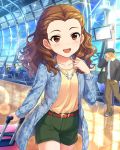  1girl airport artist_request belt blush brown_hair collarbone curly_hair faceless idolmaster idolmaster_cinderella_girls jewelry long_hair official_art open_mouth red_eyes seki_hiromi shorts smile solo_focus suitcase 