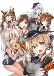  blonde_hair blue_eyes blue_hair brown_hair cookie doughnut eating food hairband hat hibiki_(kantai_collection) hiei_(kantai_collection) inazuma_(kantai_collection) kakao_rantan kantai_collection kongou_(kantai_collection) long_hair mochi multiple_girls one_eye_closed onigiri open_mouth prinz_eugen_(kantai_collection) ro-500_(kantai_collection) sausage school_uniform short_hair smile twintails uniform wagashi 