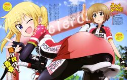  &gt;;d 2girls :o ;d absurdres ass bent_over bike_jersey bike_shorts black_gloves blonde_hair blue_eyes blush bottle character_name clothes_writing clouds collarbone copyright_name day eyebrows_visible_through_hair fang fingerless_gloves from_behind futsuzawa_jiemon gloves green_eyes highres holding kurata_ami long_hair long_riders! looking_at_viewer looking_back multiple_girls musical_note niigaki_aoi official_art one_eye_closed open_mouth outdoors quaver riding saijou_hinako scan short_hair short_sleeves sky smile twintails v water_bottle watermark web_address 