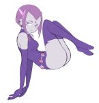  1girl :&lt; boogy_(mnmnjuguna) dc_comics earrings elbow_gloves gloves grey_skin highres jewelry leotard looking_at_viewer purple_gloves purple_hair purple_legwear raven_(dc) solo teen_titans thigh-highs violet_eyes 