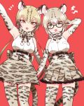  2girls 50yen :o adjusting_glasses animal_ears animal_print arm_at_side arm_up armpits bare_shoulders black-framed_eyewear black_hair blonde_hair blush bow bowtie breasts brown_eyes cat_ears cat_tail cowboy_shot elbow_gloves eyebrows_visible_through_hair fang glasses gloves gradient_hair green_eyes hand_up high-waist_skirt kemono_friends legs_apart long_hair looking_at_viewer margay_(kemono_friends) medium_breasts miniskirt multicolored_hair multiple_girls ocelot_(kemono_friends) red_background short_hair simple_background skirt sleeveless standing tail thigh-highs underbust zettai_ryouiki 