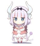  1girl 2017 bangs beads blue_eyes blunt_bangs blush capelet chibi dated dragon_girl dragon_horns dragon_tail dress full_body hair_beads hair_ornament hairband horns jitome kanna_kamui kiira kobayashi-san_chi_no_maidragon long_hair looking_at_viewer monster_girl red_shoes shoes signature silver_hair simple_background solo standing tail thigh-highs tied_hair twintails white_background white_legwear 
