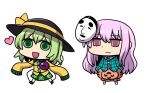 2girls abe_ranzu bow bubble_skirt chibi expressionless eyeball face_mask floral_print green_eyes green_hair hat hat_bow hat_ribbon hata_no_kokoro heart heart_of_string komeiji_koishi long_hair long_sleeves mask mask_on_head multiple_girls naginata noh_mask pink_eyes pink_hair plaid plaid_shirt polearm ribbon riyo_(lyomsnpmp)_(style) shirt short_hair skirt string third_eye touhou weapon wide_sleeves