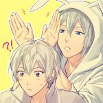  !? 2boys animal_hood blue_eyes bunny_hood closed_mouth hood idolish_7 male_focus multiple_boys open_mouth osaka_sougo outline palru_s2 silver_hair violet_eyes yotsuba_tamaki 