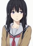  1girl black_hair blue_eyes cardigan closed_mouth collarbone expressionless highres koe_no_katachi long_hair looking_to_the_side miura-n315 neckerchief sailor_collar school_uniform serafuku simple_background solo ueno_naoka white_background 