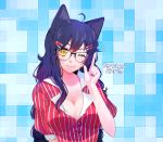  1girl ahri alternate_costume alternate_hairstyle animal_ears breasts cleavage collarbone fox_ears glasses hair_ornament hairclip heart_hair_ornament index_finger_raised large_breasts league_of_legends lips long_hair looking_at_viewer nail_polish one_eye_closed savi_(byakushimc) solo whisker_markings yellow_eyes 