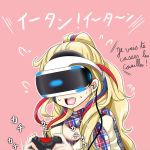  1girl blonde_hair blue_hair commandant_teste_(kantai_collection) controller earphones flying_sweatdrops french game_controller kantai_collection long_hair motion_blur multicolored multicolored_clothes multicolored_hair multicolored_scarf no_hat no_headwear pink_background plaid plaid_scarf playstation_vr ponytail redhead resident_evil_7 scarf solo streaked_hair sweat tk8d32 vr_visor white_hair 