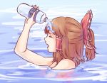  1girl arm_up bare_arms bare_shoulders bottle bow brown_hair closed_eyes from_side hair_bow hair_tubes hakurei_reimu holding holding_bottle partially_submerged ponytail solo touhou water water_bottle yoruny 