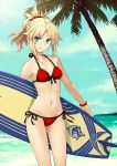  1girl absurdres beach bikini blonde_hair breasts cleavage collarbone day eyebrows_visible_through_hair fate/grand_order fate_(series) green_eyes groin hair_ornament hair_scrunchie highres long_hair looking_at_viewer medium_breasts mordred_(swimsuit_rider)_(fate) navel official_art outdoors palm_tree red_bikini red_scrunchie saber_of_red scrunchie side-tie_bikini sky solo swimsuit tree 