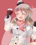  1girl alcohol bag black_gloves brown_hair closed_eyes coat cup drinking_glass gloves hat heart itomugi-kun kantai_collection long_hair open_mouth pola_(kantai_collection) red_scarf scarf simple_background smile solo wavy_hair white_coat wine wine_glass 