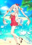  1girl animal animal_on_head arms_behind_back ball beach blue_eyes breasts cleavage day dress eyebrows_visible_through_hair fate/grand_order fate_(series) highres holding holding_ball long_hair looking_at_viewer marie_antoinette_(fate/grand_order) marie_antoinette_(swimsuit_caster)_(fate) ocean official_art on_head open_mouth outdoors palm_tree red_dress silver_hair sky small_breasts solo tree twintails 