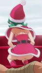  1girl ass calen_(time_bokan) clouds cloudy_sky dress from_behind green_hair haruyama_kazunori hat no_panties red_legwear santa_costume santa_hat short_dress sky solo squatting time_bokan_(series) time_bokan_24 