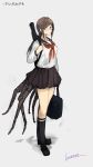  1girl artist_name bag breasts brown_eyes brown_hair brown_skirt glasses highres holding_strap insect_girl lansane large_breasts long_hair long_sleeves looking_at_viewer low_ponytail neckerchief original personification pleated_skirt school_bag school_uniform serafuku shadow shirt shoes sidelocks skirt socks solo spider spider_girl spider_legs translation_request uniform white_background white_shirt 