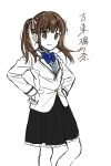  1girl blazer bow bowtie brown_eyes brown_hair character_name hair_ribbon highres jacket kenkyo_kenjitsu_wo_motto_ni_ikite_orimasu kotou_ririna rahakan ribbon sketch skirt solo translated twintails 