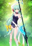  1girl bow breasts cleavage collarbone covered_navel eyebrows_visible_through_hair fate/grand_order fate_(series) flower forest green_hair hair_bow hair_flower hair_ornament hibiscus highres holding holding_weapon kiyohime_(fate/grand_order) kiyohime_(swimsuit_lancer)_(fate) long_hair looking_at_viewer low-tied_long_hair medium_breasts nature neck_garter official_art outdoors polearm red_bow red_flower school_swimsuit smile solo spear swimsuit weapon yellow_bow yellow_eyes 