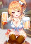  1girl :d alcohol asakishoten beer beer_mug blonde_hair breasts brown_eyes brown_legwear chair cleavage elbow_gloves gloves inside jewelry large_breasts long_hair looking_at_viewer midriff navel necklace open_mouth orange_gloves original shoes side_ponytail smile solo swimsuit thigh-highs yellow_shoes 