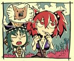  2girls bow breasts cleavage closed_eyes dog green_hair hair_bobbles hair_ornament hand_on_own_chin jitome looking_up medium_breasts multiple_girls onozuka_komachi red_eyes redhead rod_of_remorse scythe setz shiki_eiki thought_bubble touhou twintails 