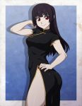  1girl ass black_dress black_hair breasts china_dress chinese_clothes cowboy_shot dress hair_flip hand_on_hip highres kanoe_yuuko long_hair looking_at_viewer medium_breasts nail_polish no_panties red_eyes red_nails side_slit smile solo spike_wible tasogare_otome_x_amnesia thighs 
