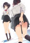  1girl bag black_hair black_legwear blush brown_eyes check_translation commentary_request covering covering_ass from_behind hair_ribbon highres karory kimi_no_na_wa kneehighs kneepits loafers miyamizu_mitsuha multiple_views panties pink_panties pleated_skirt ponytail ribbon school_bag school_uniform shadow shoes short_ponytail sidelocks skirt stairs standing translation_request twitter_username underwear upskirt walking 