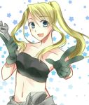  1girl bandeau bangs blonde_hair blue_background blue_eyes clothes_around_waist earrings fullmetal_alchemist gloves highres holding jewelry jumpsuit long_hair numa178 open_mouth ponytail solo star starry_background swept_bangs v white_background winry_rockbell wrench 