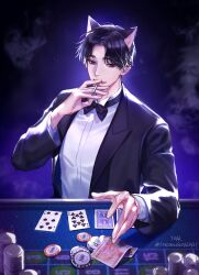  1boy animal_ears arm_on_table artist_name black_bow black_bowtie black_hair black_jacket blurry blurry_background bow bowtie card casino_card_table cat_ears cigarette earrings eyeshadow highres holding holding_cigarette indoors jacket jewelry light_particles long_sleeves looking_at_object looking_down makeup male_focus open_clothes open_jacket original parted_lips playing_card poker_chip purple_background shirt short_hair smoke smoking solo table teeth thick_lips toscana20460423 twitter_username upper_body violet_eyes white_background white_shirt 