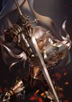  1boy absurdres armor balmung_(fate/apocrypha) dark_skin fate/apocrypha fate_(series) green_eyes highres long_hair looking_at_viewer male_focus saber_of_black solo sword weapon white_hair 
