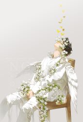  1boy black_hair flower grey_background highres male_focus on_chair original pants rido_(ridograph) shirt short_hair sitting solo white_flower white_pants white_shirt wooden_chair 