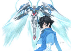  00_gundam 00_raiser 0_raiser 1boy absurdres armor back_turned bishounen black_hair blue_armor blue_jacket brown_eyes commentary cropped_jacket dominic_ian_cabatit dual_wielding english_commentary exhaust gundam gundam_00 highres holding jacket long_sleeves looking_at_viewer looking_back male_focus mecha mobile_suit multicolored_armor nick-ian robot science_fiction setsuna_f._seiei short_hair upper_body white_armor 