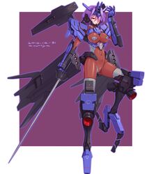  1girl armor bodysuit breasts covered_navel full_body gundam gundam_tekketsu_no_orphans gundam_vidar hair_over_one_eye headgear highres mecha_musume medium_breasts purple_hair rapier red_eyes sheath short_hair skin_tight solo sword thrusters vuccha weapon 